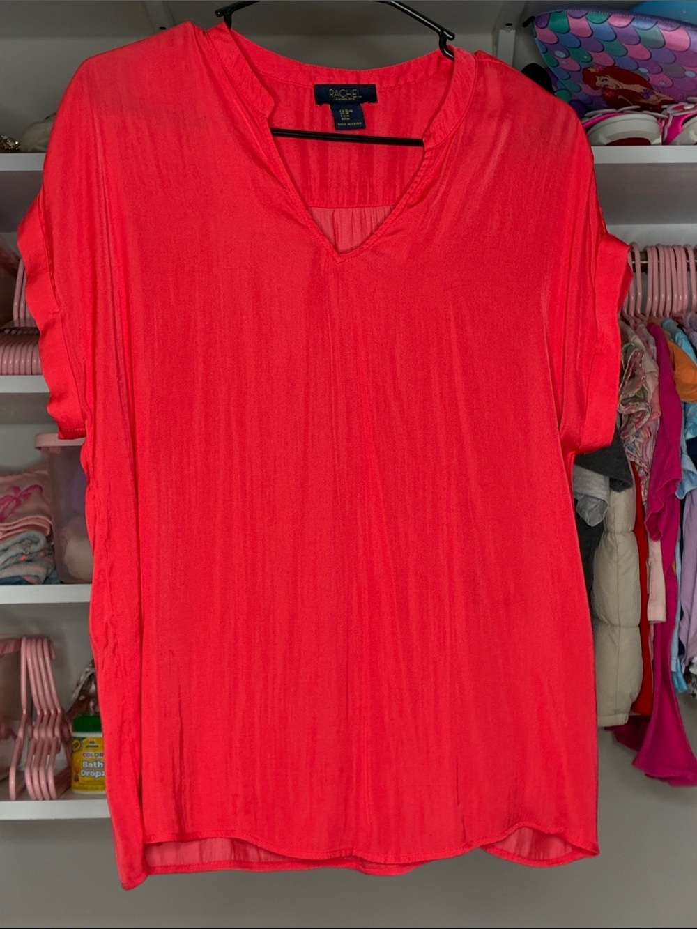 RACHEL Rachel Roy Bright Coral V-Neck Short Sleeve Blouse